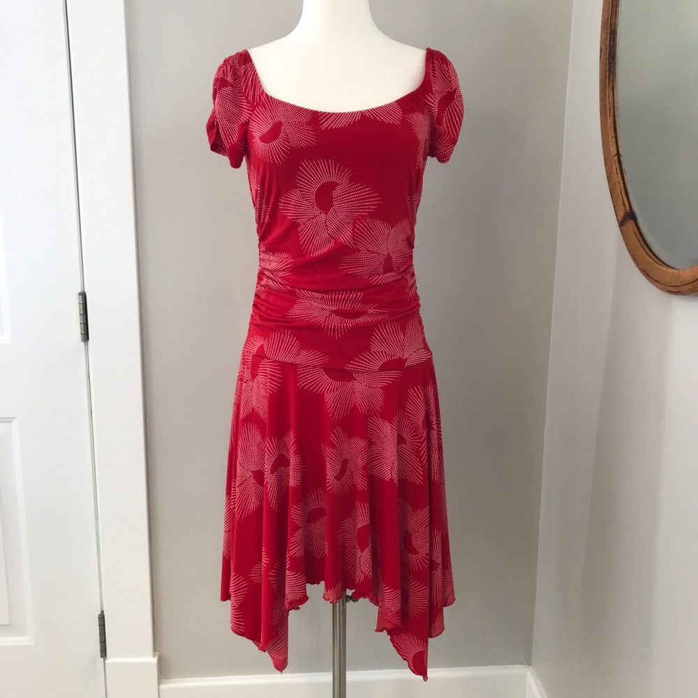 B Darlin Dress Red Print Size M Shirred waist.